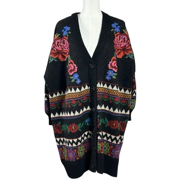 FARM Rio Floral Tapestry Long Cardigan Sweater Oversized Medium Wool Blend - Picture 11 of 17